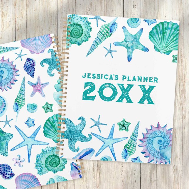 Agenda Prateleiras de Aquarelas do Oceano Praia e Organiz (Beach Ocean Watercolor Shells & Starfish Organizer)