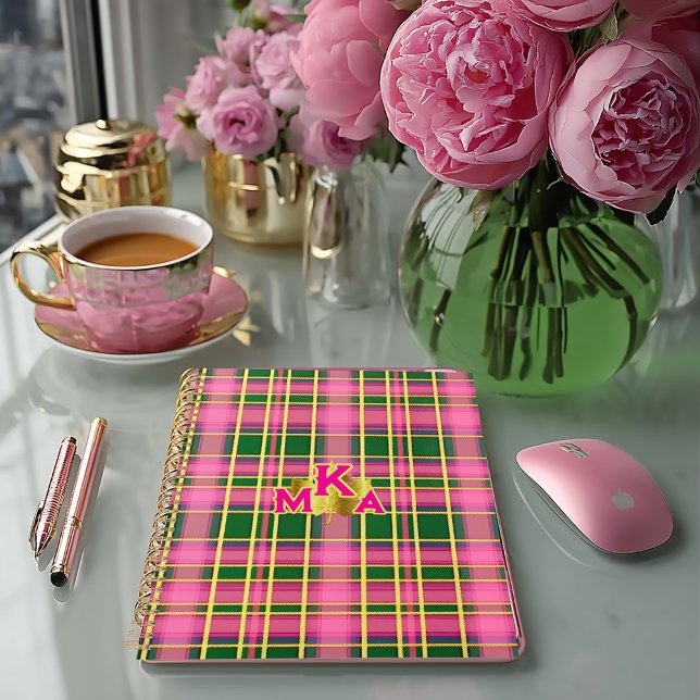 Agenda Preppy Pink & Green Plaid | Monogrammed Planner (Stylish Preppy Plaid Pink and Green Monogrammed Planner /Glossy Soft Cover or Matte Hardcover)