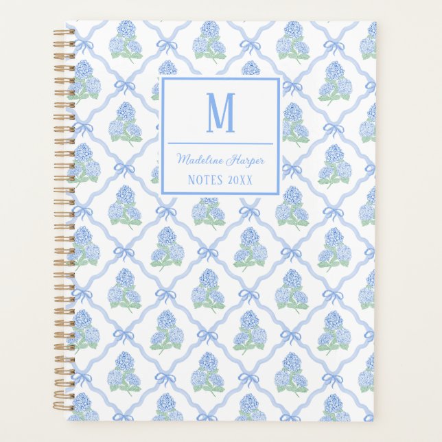 Agenda Preppy Trellis Bow Blue & Green Hydrangea Monogram (Frente)