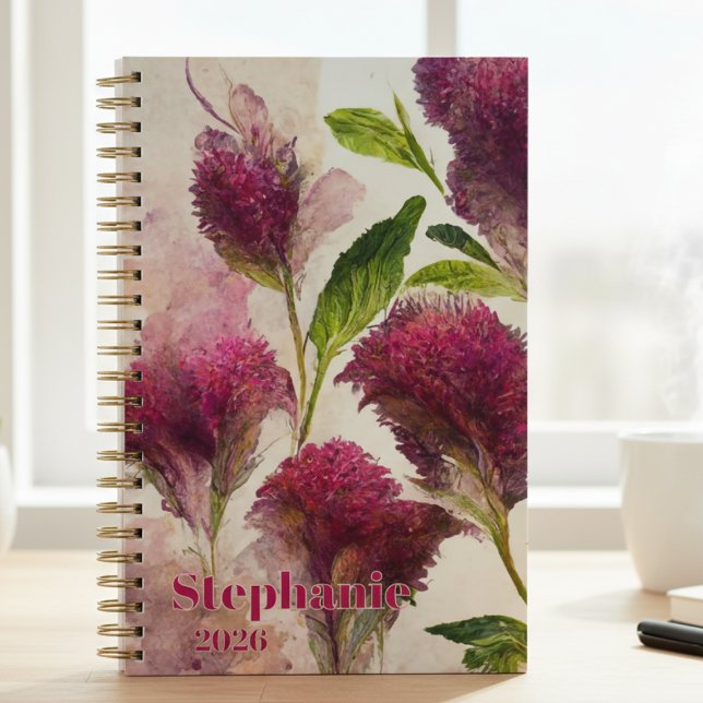 Agenda Presente Botânico de Flores Silvestres de Formatur (Artistic magenta celosia wildflower notebook — a perfect 2026 graduation gift for her or teacher.)