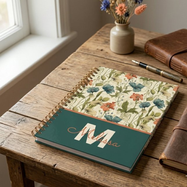 Agenda Presente Botânico de Flores Silvestres de Formatur (Vintage teal and orange wildflower pattern notebook — a perfect graduation gift for her or teacher.)
