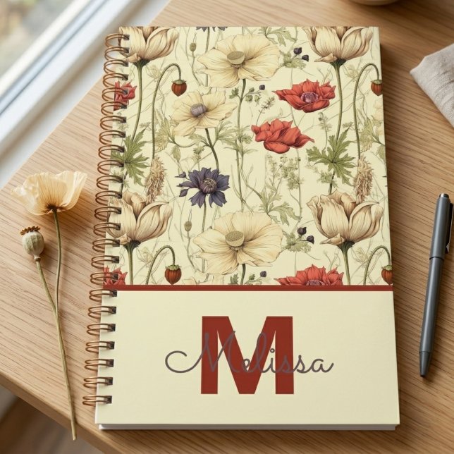Agenda Presente Botânico de Flores Silvestres para Format (Vintage botanical poppy pattern notebook — a perfect graduation gift for her or teacher thank you.)