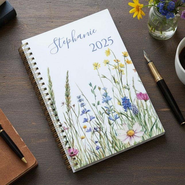Agenda Presente Botânico de Flores Silvestres para Format (Floral wildflower meadow planner — a lovely graduation gift for her or teacher appreciation idea.)
