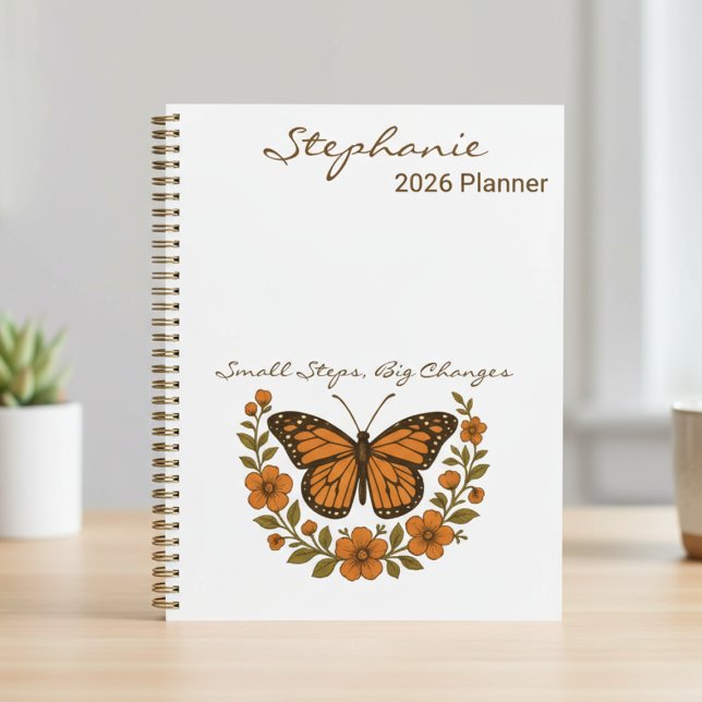 Agenda Presente de Borboleta de Flor Silvestre de Formatu (Vintage monarch butterfly and wildflower planner — a perfect graduation gift for her or teacher)