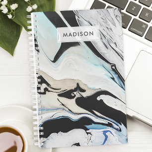 Agenda Preto Azul Moderno Tinta Líquida Mármore Personali