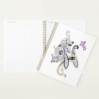 Agenda Preto Branco Roxo Laranja Ornate Paisley