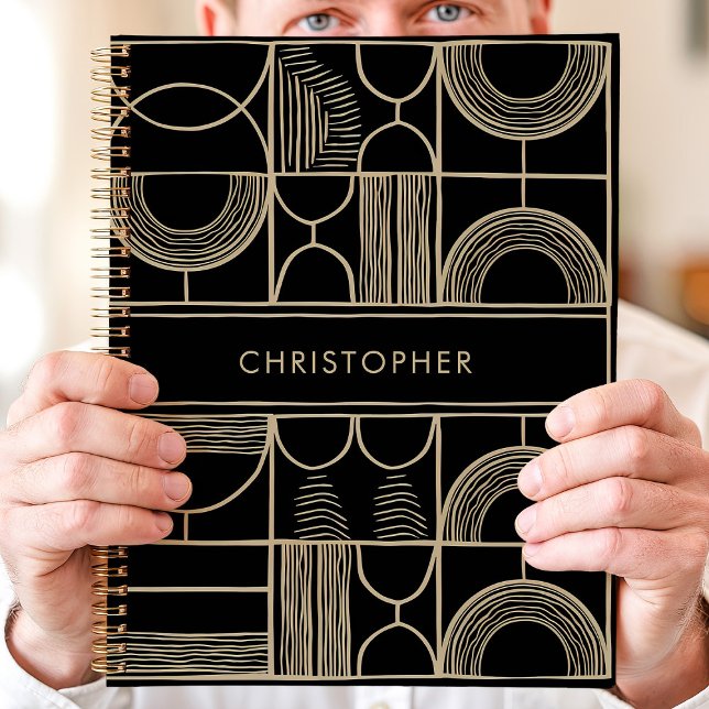 Agenda Preto e Dourado Geométrico Nome Personalizado (Criador carregado)