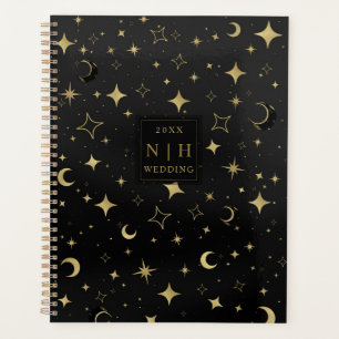 Agenda Preto e Dourado Moderno Celestial Lua Estrelas Cas