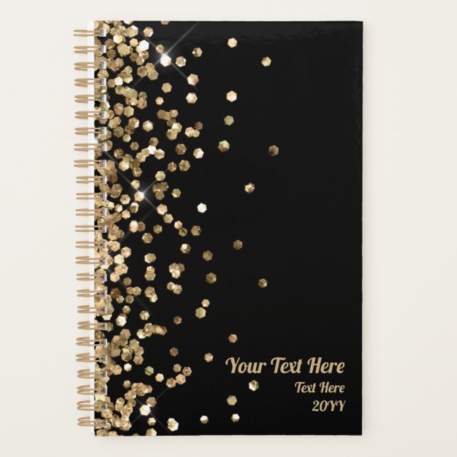 Agenda Preto Elegante e Dourado Brilhante Personalizado P (Frente)
