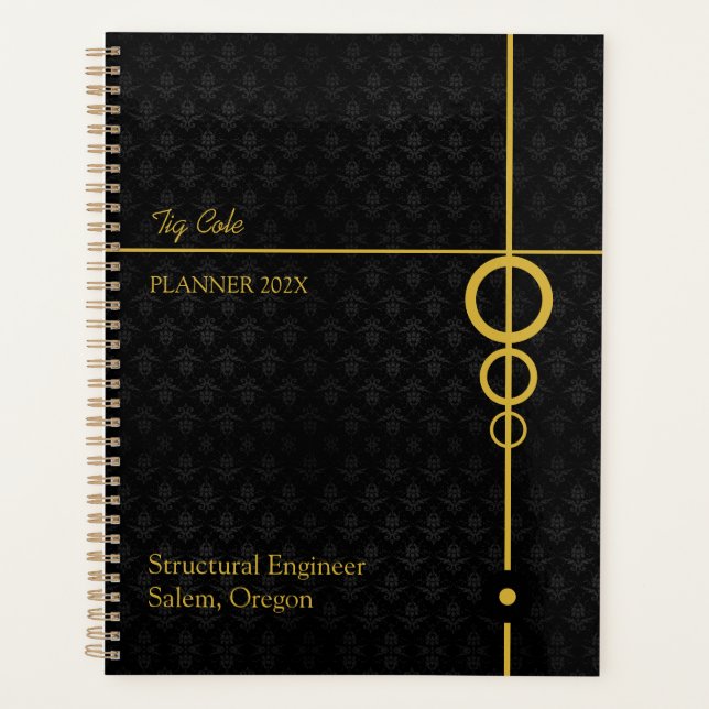 Agenda Preto Elegante e Dourado Personalizado (Frente)