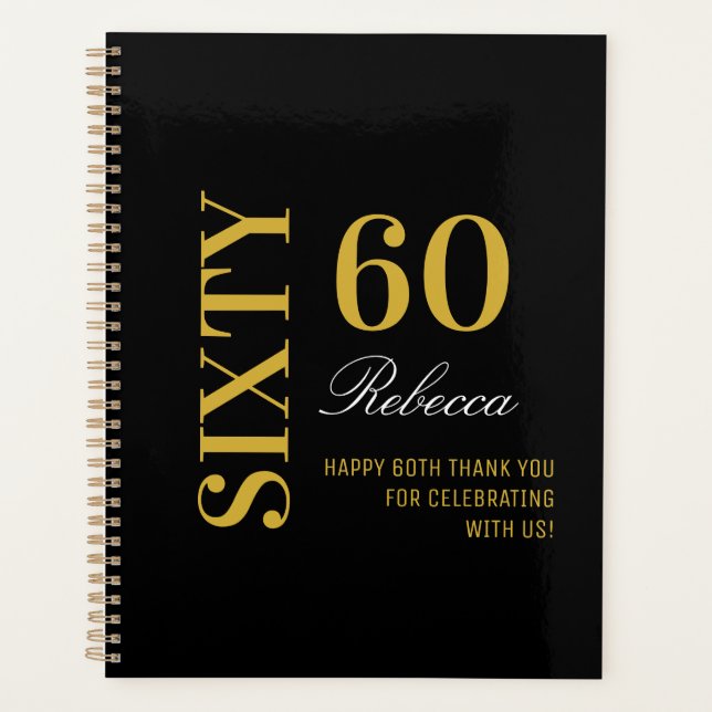 Agenda Preto Elegante Personalizado e Dourado 60º anivers (Frente)