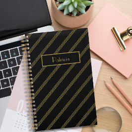 Agenda Preto Moderno Elegante com Linhas Douradas Pontilh