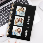 Agenda Preto Personalizado Personalizado de 3 Fotografias<br><div class="desc">Personalize facilmente este planejador moderno substituindo as três imagens de exemplo por suas fotos quadradas favoritas. Adicione o seu nome ou as iniciais de um monograma e o ano em tipografia branca e crocante sobre fundo preto.</div>