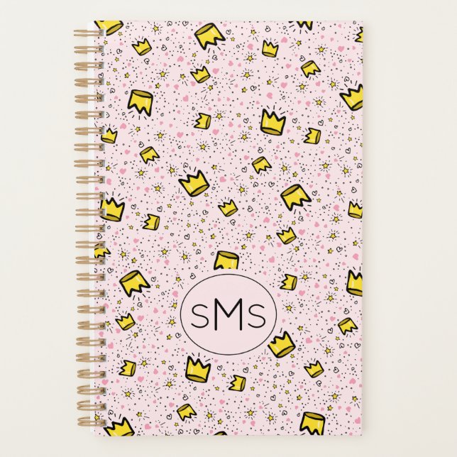 Agenda Pretty Pastel Pink Crown Doodle Pattern Monogram (Frente)