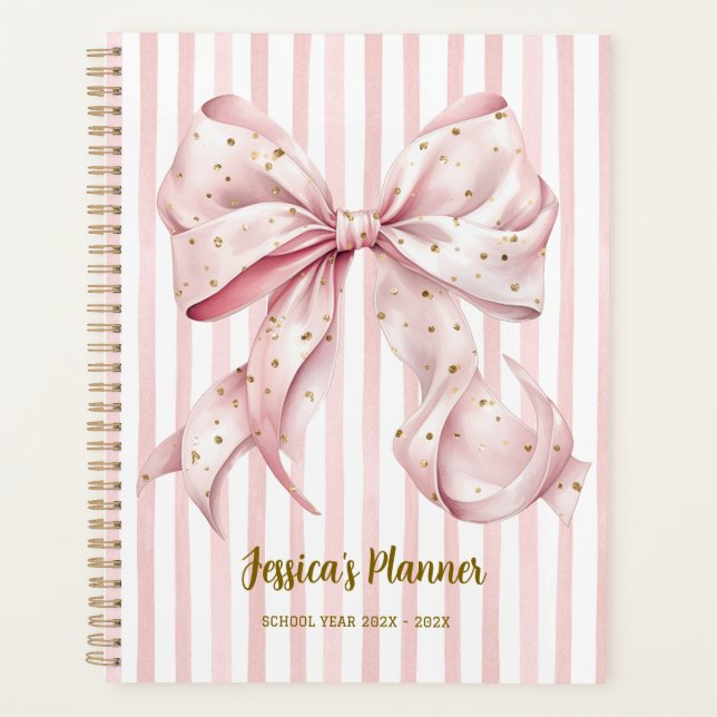 Agenda Pretty Pink Gold Confetti Bow School Planner (Frente)