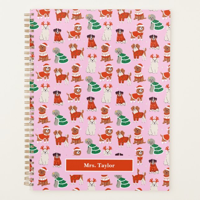 Agenda Professor de Cães de Natal Rosa Personalizado (Frente)