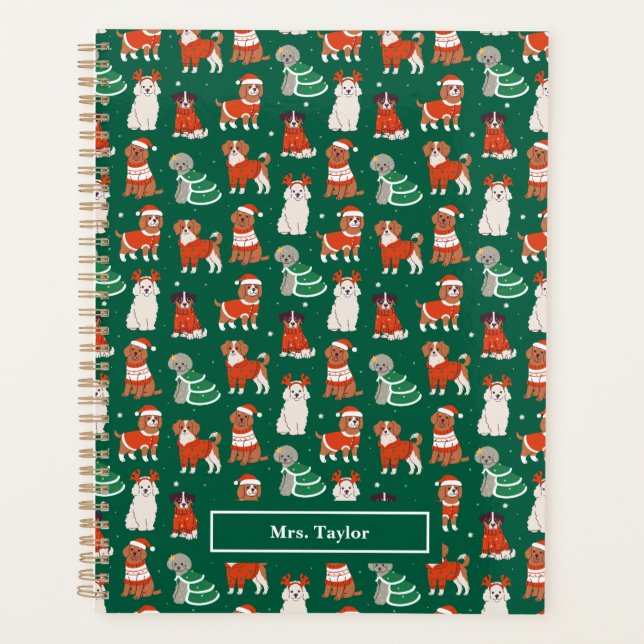 Agenda Professor de Cães de Natal Verde Personalizado (Frente)