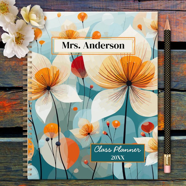 Agenda Professor de Flores Selvagens Teal Orange (Elegant planner featuring a teal orange wildflower illustration. Beautiful for a teacher or other)