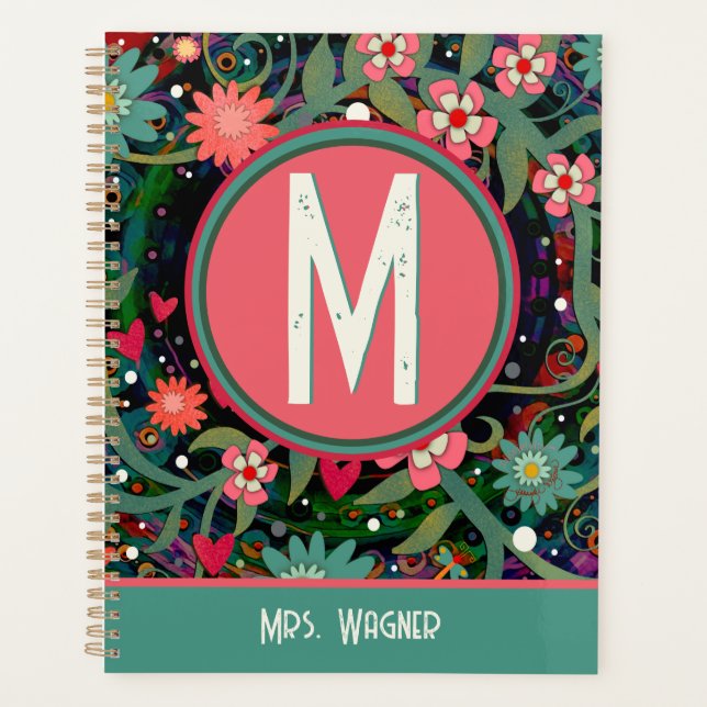 Agenda Professor Floral de Nome Personalizado do Monogram (Frente)