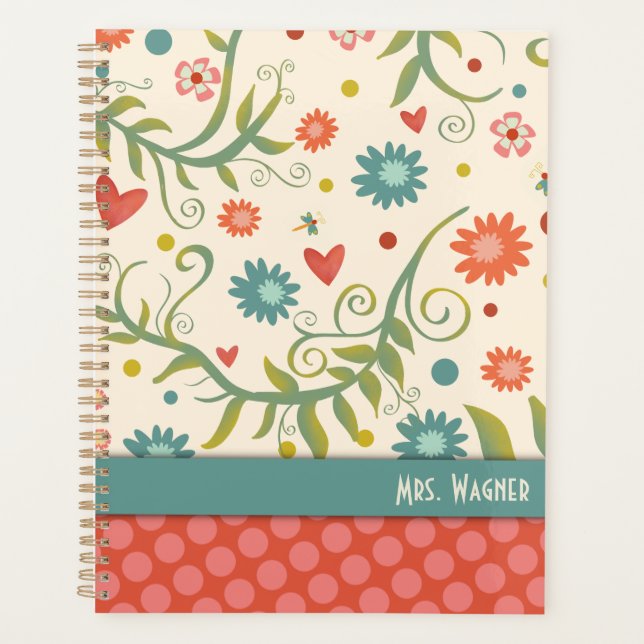 Agenda Professor Personalizado da Dragonfly Floral bonito (Frente)