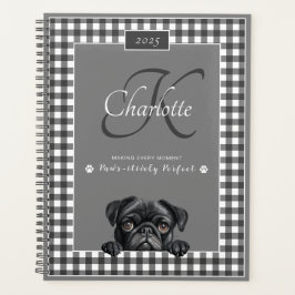 Agenda Pug Black White Gingham Nome Personalizado Monogra