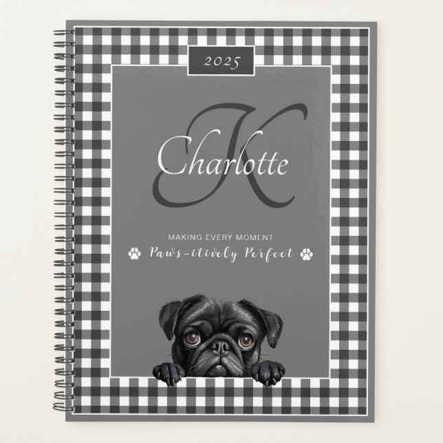 Agenda Pug Black White Gingham Nome Personalizado Monogra (Frente)