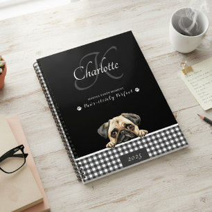 Agenda Pug Black White Xadrez Personalizar Monograma