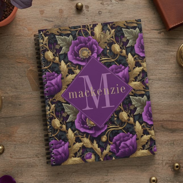 Agenda Purple Gold Floral William Morris Elegant Monogram (Criador carregado)