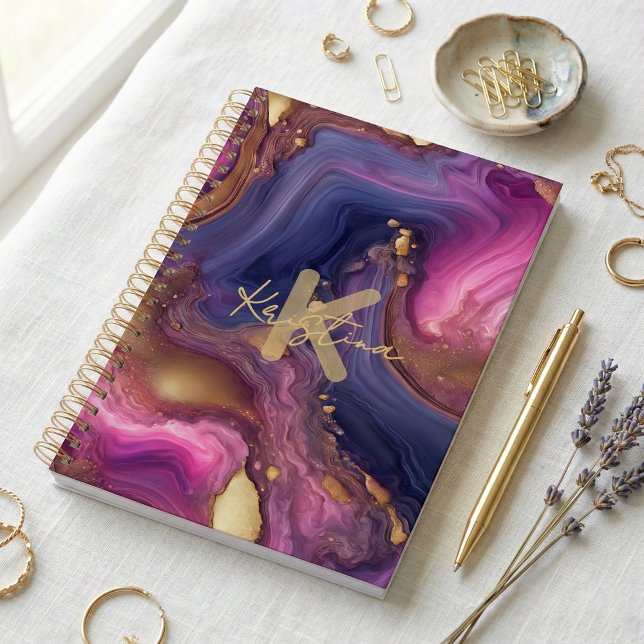 Agenda Purple Gold Geode Agate Monogram Script Name (Criador carregado)