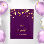 Agenda Purple gold stars elegant girly appointments 2023<br><div class="desc">A stylish girly and feminine dark purple colored background with shining faux gold stars dripping, drips. Personalize and add a year, any year, name, and title. A planner for organizing business clients, to do lists, or your daily life. The name is written with a large trendy hand lettered script with...</div>