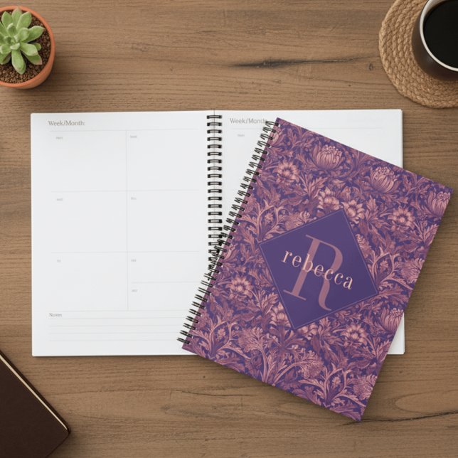 Agenda Purple Pink Floral William Morris Elegant Monogram (Criador carregado)