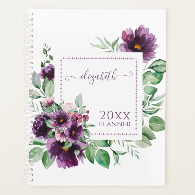 Agenda Purple Watercolor Floral Botânica | Personalizado (Frente)