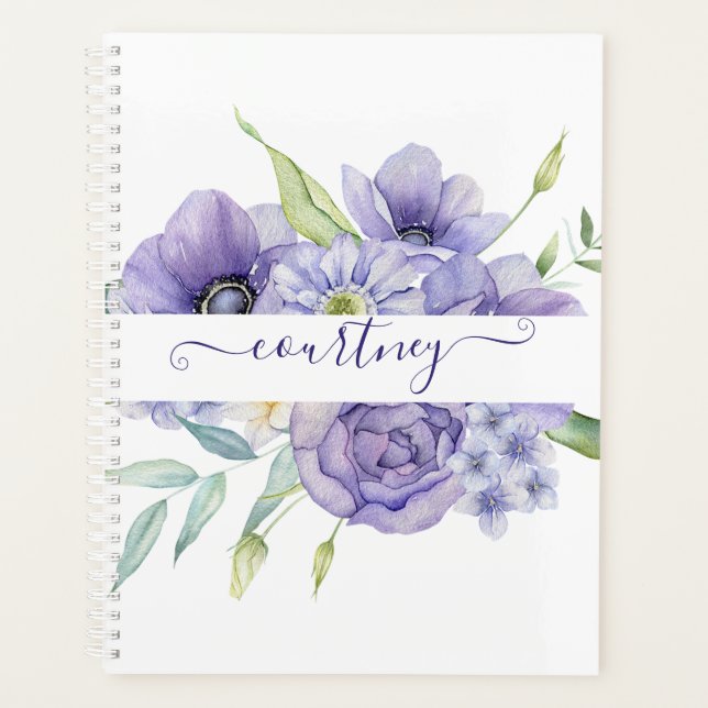 Agenda Púrpura aquarela floral personalizada (Frente)
