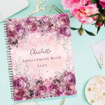 Agenda Púrpura cor-de-rosa floral com nome script 2023<br><div class="desc">Um fundo metálico roxo,  rosa pálido,  com aparência metálica. Decorados com flores rosas e roxas,  flores com folhagem de prata falsa. Personalize e adicione um nome. O nome é escrito com um moderno estilo escrito à mão</div>