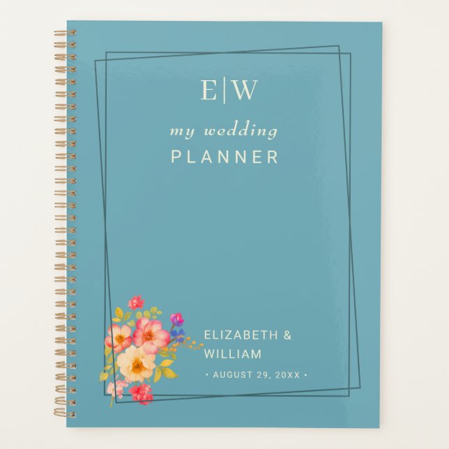 Agenda Quadro com Rosas, estilo de casamento em azul retr (Frente)