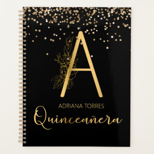 Agenda Quinceanera Black Dourado Um Planeador Monograma D