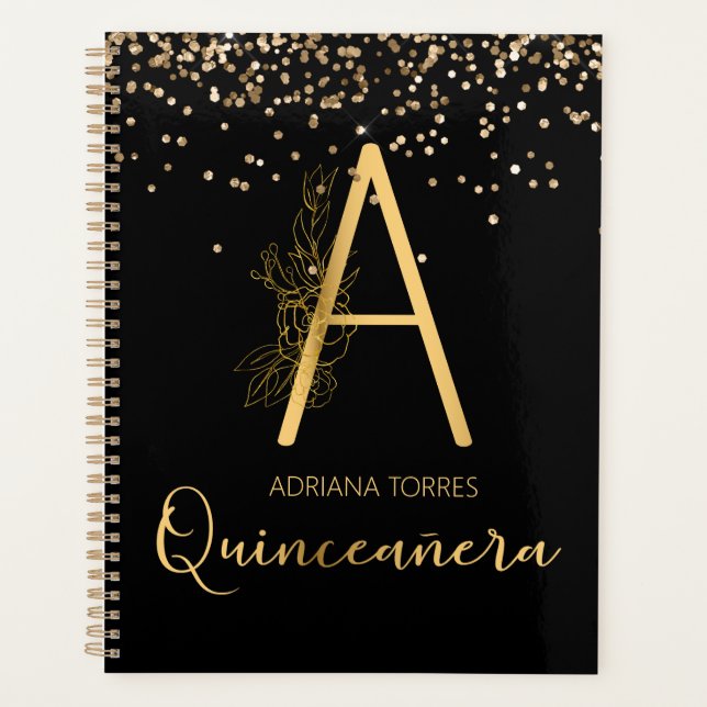 Agenda Quinceanera Black Dourado Um Planeador Monograma D (Frente)
