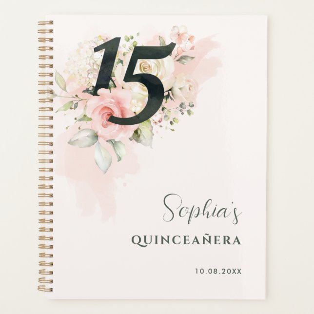 Agenda Quinceanera Floral Rosa, Rastreada, 15 Aniversário (Frente)