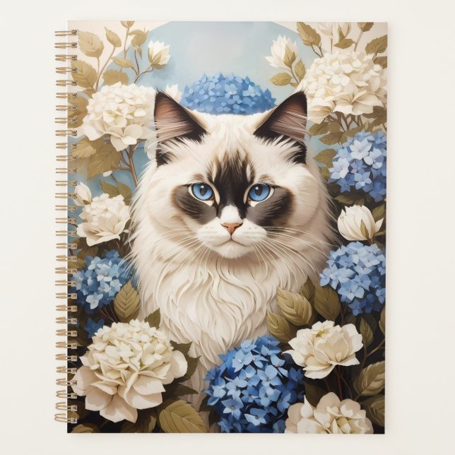 Agenda Ragdoll Cat Com Flores De Hydrangea Azuis (Frente)