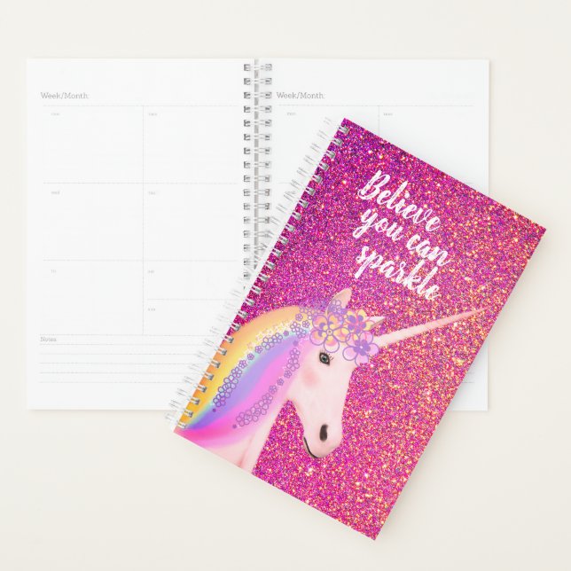 Agenda Rainbow Unicorn cor-de-rosa Dourado brilhante Insp (Exibição)