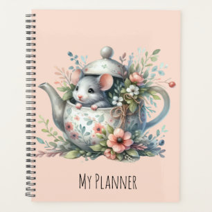 Agenda Rato Bonito na Ilustração Floral do Bule de chá