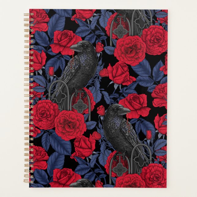 Agenda Ravens e rosas com folhas azuis escuras (Frente)