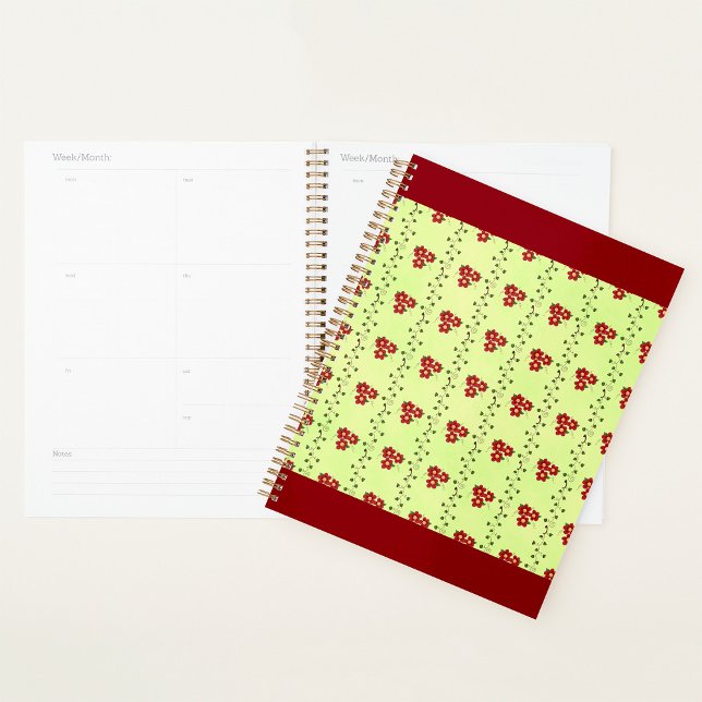 Agenda Red Floral Vine Pattern on Light Green (Criador carregado)