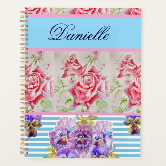 Agenda Red Rose Shabby Chic Watercolor Roses Pink Blue (Frente)