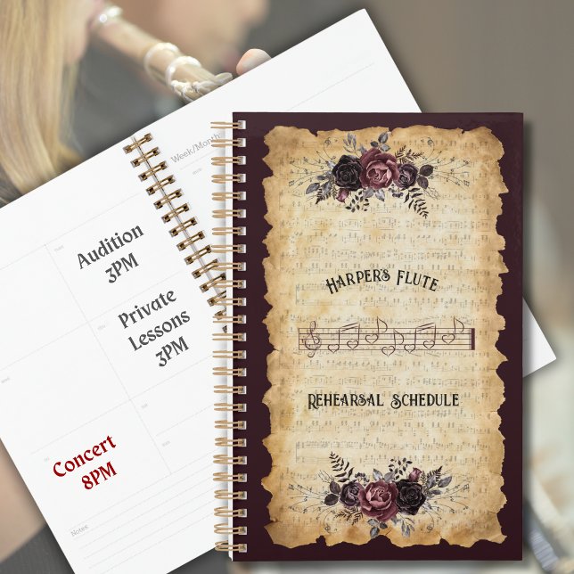 Agenda Registro de Prática de Flauta Clássica Antiga (Cozy up your practice routine with a personalized moody botanical flute rehearsal planner. )