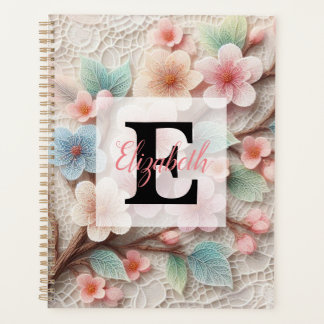 Agenda Renda monograma floral rosa flor de cerejeira past