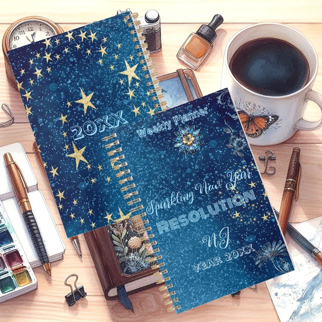 Agenda Resolução de Ano Novo das Estrelas Azuis Glitas (Blue Sparkling New Year Glitter Stars Floral Party Planner)