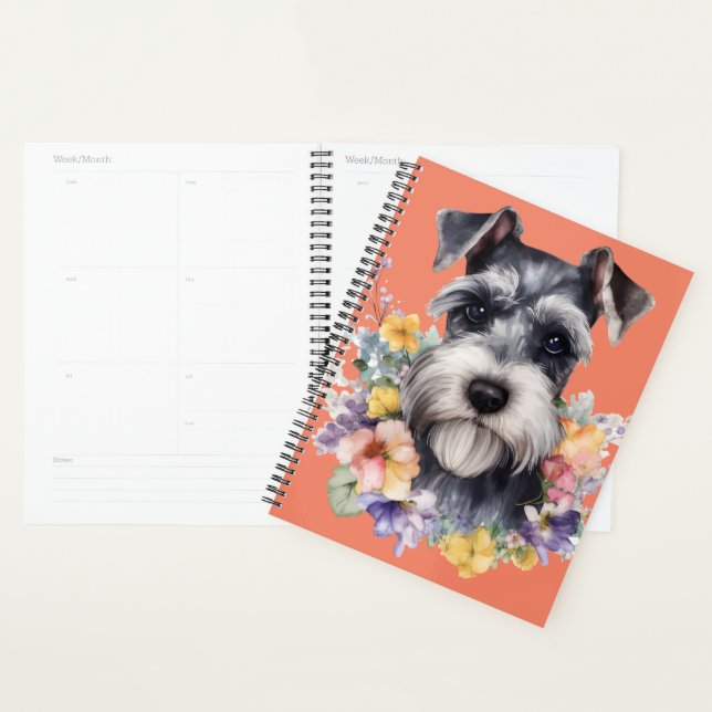 Agenda Retrato Schnauzer Bonito com Flores (Exibição)