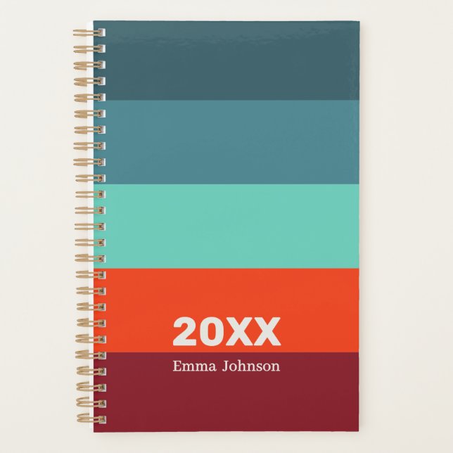 Agenda Retro Blue Scarlet Burgundy Stripe 2026 Name (Frente)