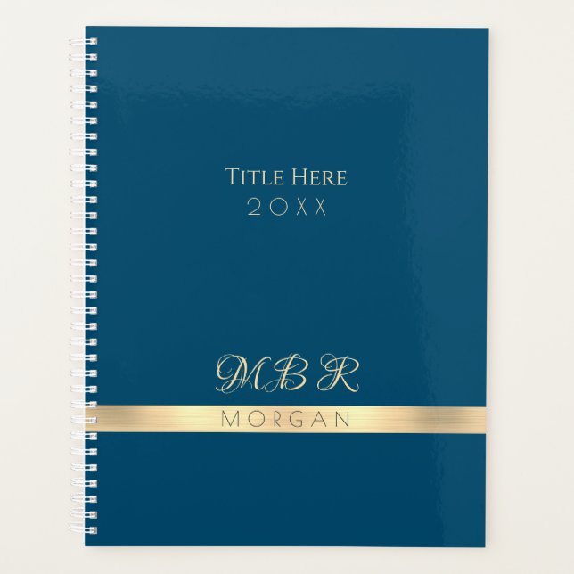 Agenda RICO Dourado Monograma & Nome, Título, Azul Escuro (Frente)
